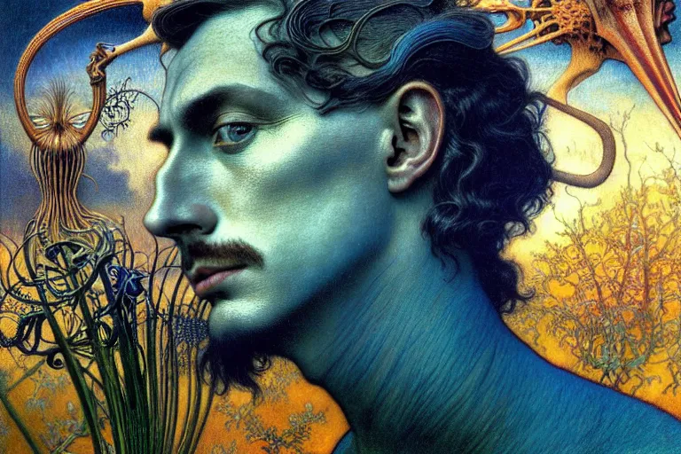 Prompt: realistic detailed portrait painting of a beautiful man with bird head, nightly graveyard landscape background by Jean Delville, Amano, Yves Tanguy, Max Ernst, Alphonse Mucha, Ernst Haeckel, Edward Robert Hughes, Roger Dean, masterpiece, cinematic composition, dramatic pose, 4k details, rich moody colours, blue eyes