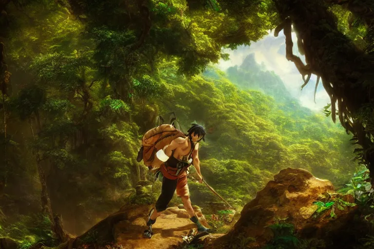 Prompt: a detailed of the greatest explorer emerging from the jungle as a shonen anime protagonist, 1 8 th century south america, octane render, 8 k, volumetric lighting, in the style of disney, art by albert bierstadt and thomas moran