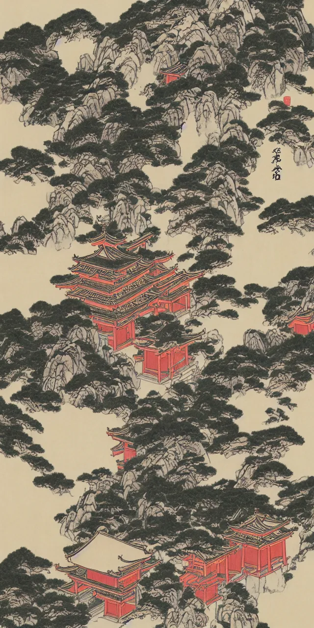 Image similar to taoist temples in huangshan, artwork by katsushika hokusai