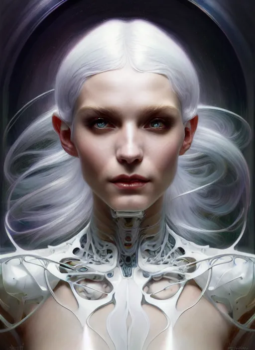 Image similar to organic cyborg, white hair, diffuse lighting, fantasy, intricate, elegant, highly detailed, lifelike, photorealistic, digital painting, artstation, illustration, concept art, smooth, sharp focus, art by John Collier and Albert Aublet and Krenz Cushart and Artem Demura and Alphonse Mucha