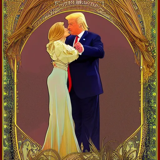 Image similar to donald trump gay kissing joe biden | highly detailed | very intricate | art nouveau | gold filigree | romantic storybook fantasy | soft cinematic lighting | award - winning | disney watercolor illustration by mandy jurgens and alphonse mucha and alena aenami | pastel color palette | featured on artstation