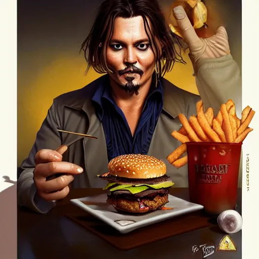 Prompt: portrait of johnny depp eating hamburgers, extra onions and ketchup, luscious patty with sesame seeds, feminine ethereal, handsome, d & d, fantasy, intricate, elegant, highly detailed, digital painting, artstation, concept art, matte, sharp focus, illustration, art by artgerm and greg rutkowski and alphonse mucha