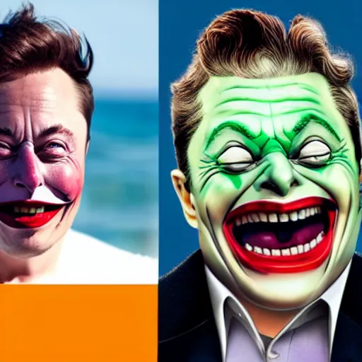 Image similar to surfing elon musk as mr. bean as the joker from batman, surfing still from batman vs bean at the beach, 2 0 2 0