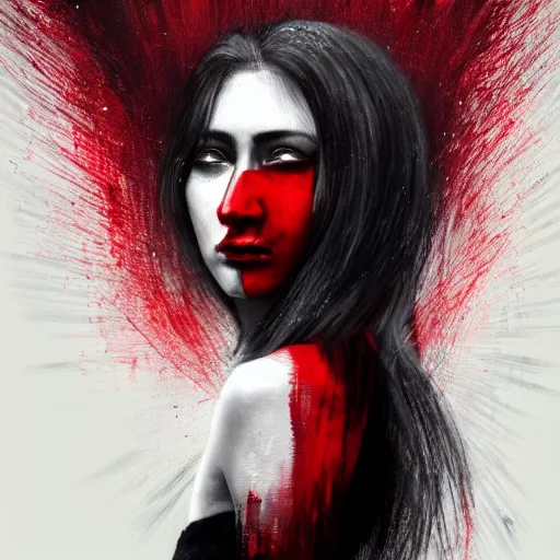 Image similar to masterpiece dynamic portrait of an aesthetic beautiful realistic black haired woman protesting, 3 0 years old woman, mid long hair, black eyed, small red peace symbol on the face, digital painting by wlop, atmospheric red effects, sparkles, artstation, deviantart, large view, red color scheme, revolution, motion blur, dark background