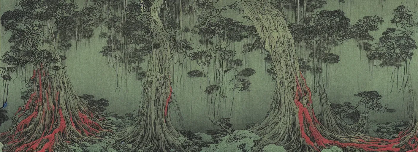 Prompt: huge bonsais in an otherworldly forest, katsushika hokusai, beksinski, high details, colorful, midnight, eerie