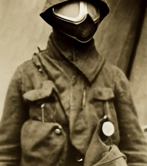 Prompt: a man in hooded gas mask, ww1 film photo, grainy, high detail, high resolution