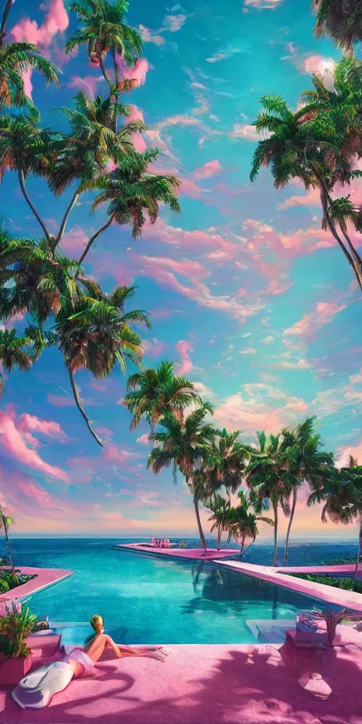 Prompt: masterpiece, hyperrealistic surrealism, award winning masterpiece with incredible details, epic stunning, infinity pool, a surreal vaporwave liminal space, highly detailed, trending on ArtStation, calming, meditative, pink arches, flowing silk sheets, palm trees, very vaporwave, very very surreal, sharp details, dreamscape, daily deviation, IAMAG