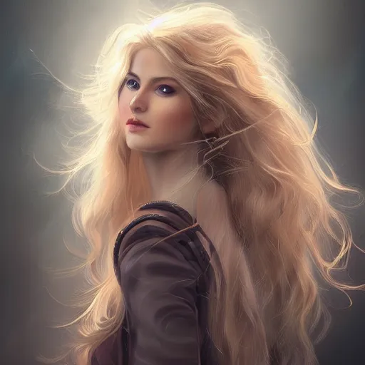 Prompt: A portrait of an attractive young female wind angel, beautiful long wavy blond hair, tumultus clouds in the back, intricate, highly detailed, elegant, digital painting, trending on artstation