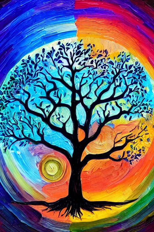 Prompt: colorful oil painting of the tree of life growing planets from its branches