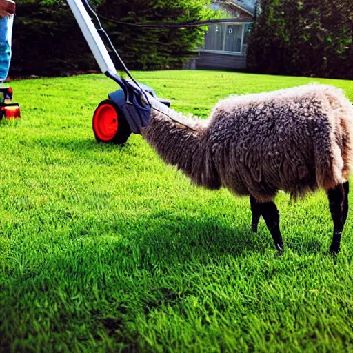 Image similar to llama using a lawn mower to mow the lawn