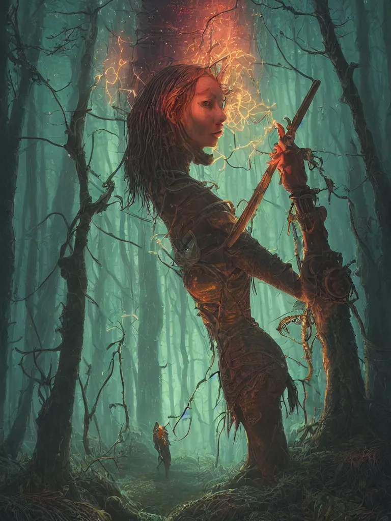 Image similar to close up portrait of a beautiful female witch with glowing sword, magical forest background fantasy atmosphere. art by simon stalenhag. highly detailed, intricate, lifelike. sci - fi, fantasy, magical, nikon d 8 5 0.