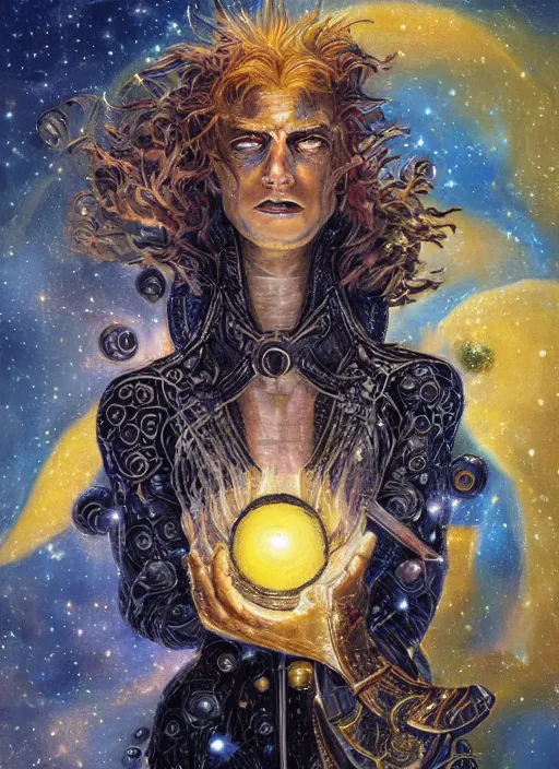 Image similar to high intricate painting of the sandman holding a glimmering galaxy, full shot, neil gaiman, maria panfilova, andrea savchenko, mike kime, ludovic plouffe, qi sheng luo, oliver cook, julian calle, eddie mendoza, trending on artstation