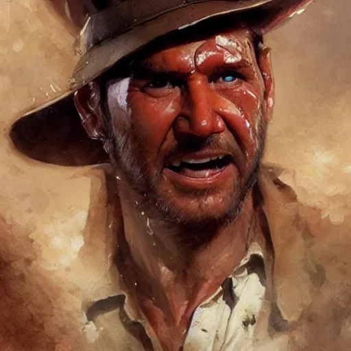 Image similar to close up indiana jones stealing a pepperoni pizza, its sloppy wet and gross, that is on a pedastal painted by greg rutkowski