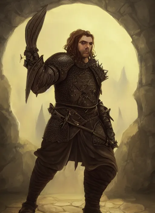 Prompt: A fantasy portrait painting of a male grim hobbit wearing leather armor in a bright castle setting, DAZ, hyperrealistic, ambient light, dynamic light, deviantart, artstation, d&d, RPG portrait, nvidia, vray