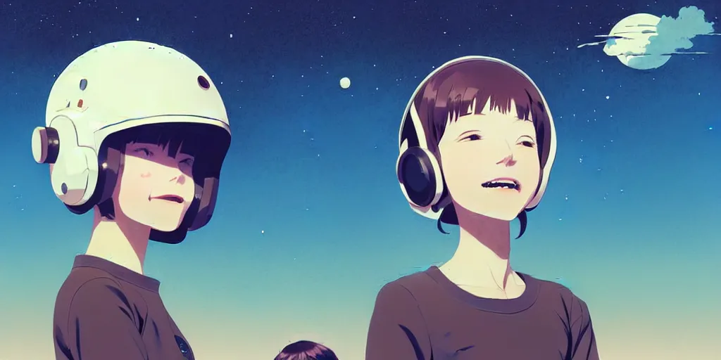 Image similar to portrait of smiling girl with astronaut helmet by ilya kuvshinov, cloudy sky background lush landscape ln illustration concept art anime key visual trending pixiv by victo ngai fanbox by greg rutkowski makoto shinkai takashi takeuchi studio ghibli