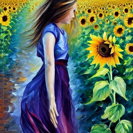 Image similar to a girl slowly walking through amazing tall sunflower field, her hair flowing down, subtle, intricate details, real masterpiece, oil on canvas, by leonid afremov