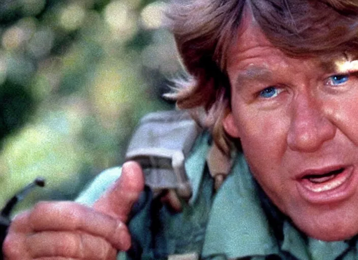 Prompt: Steve Irwin in a still from the movie Jurassic Park (1990)