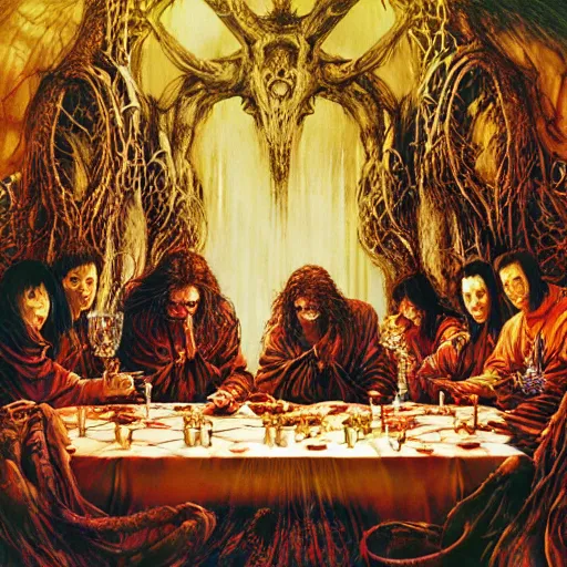 Prompt: realistic detailed image of Monsters at the Last Supper by Ayami Kojima, Amano, Karol Bak, Greg Hildebrandt, and Mark Brooks, Neo-Gothic, gothic, rich deep colors. Beksinski painting, part by Adrian Ghenie and Gerhard Richter. art by Takato Yamamoto. masterpiece