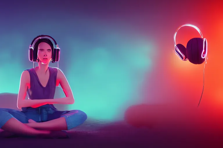 Image similar to a cute girl wearing headphones sitting on a cloud relaxing, misty, glows, blender render, hazy, foggy, red lighting, ambient lighting, 8 k, neon, synthwave, cyberpunk,