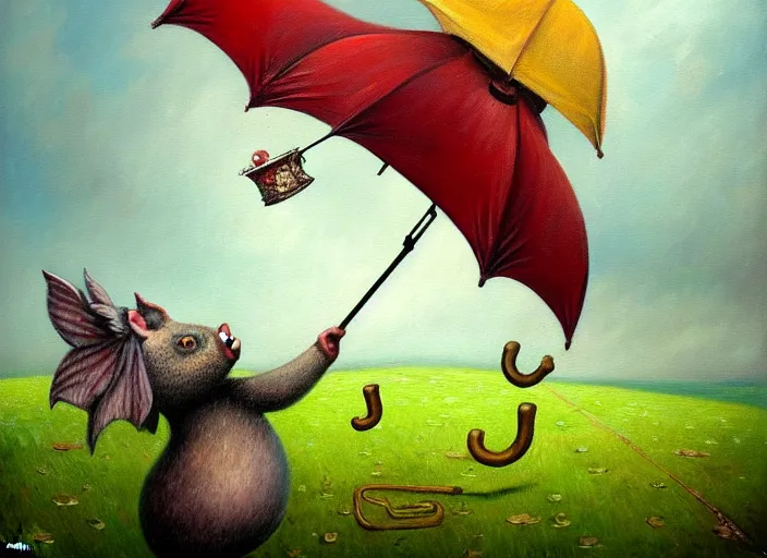 Image similar to detailed oil painting of flying pig with umbrella by marc simonette and alexander jansson, concept art