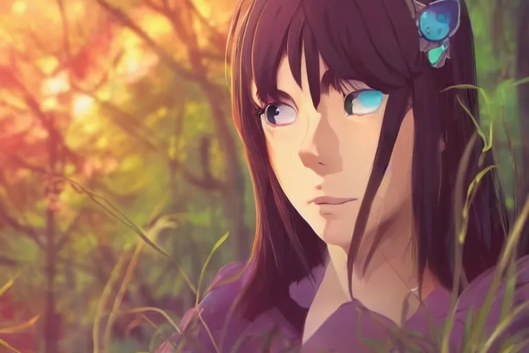 Prompt: female mage with cat ears in a summer forest, detailed attractive face, fantasy art, anime style, by makoto shinkai, by studio ghibli, atmospheric, vector art, 4 k film still, close up portrait