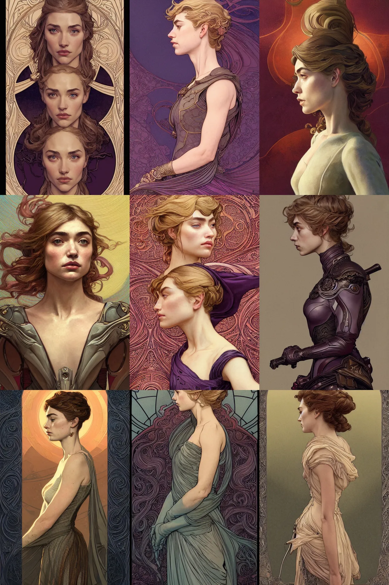 Prompt: side profile portrait, imogen poots paladin, by eve ventrue, andreas rochas, john watkiss, artgerm. art nouveau. tarot card by mucha. gloomhaven. swirly intricate linework background. gaudy colors, sharp edges. ultra clear detailed. 8 k. elegant. octane render