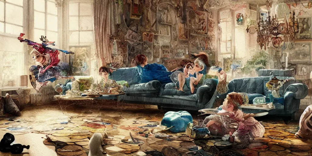 Prompt: a beautiful insanely detailed intricate watercolor illustration of childs playing in a living room, colorfull, by william turner art, by greg rutkowski, by james jean, by rossdraws, by frank franzzeta, by sakimichan, by edmund dulac, trending on artstation, insanely detailed, masterpiece,