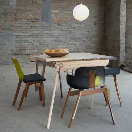 Image similar to a dining set made from pure recycled materials