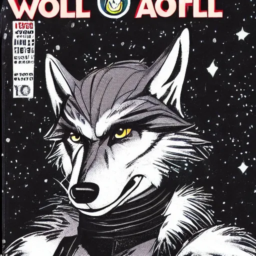 Image similar to 1 9 8 0 s comic book cover scan featuring a portrait of villain male wolf o'donnell anthropomorphic wolf furry fursona from starfox wearing a dark space mercenary uniform, dark grey wolf, handsome eyes, wolf o'donnell