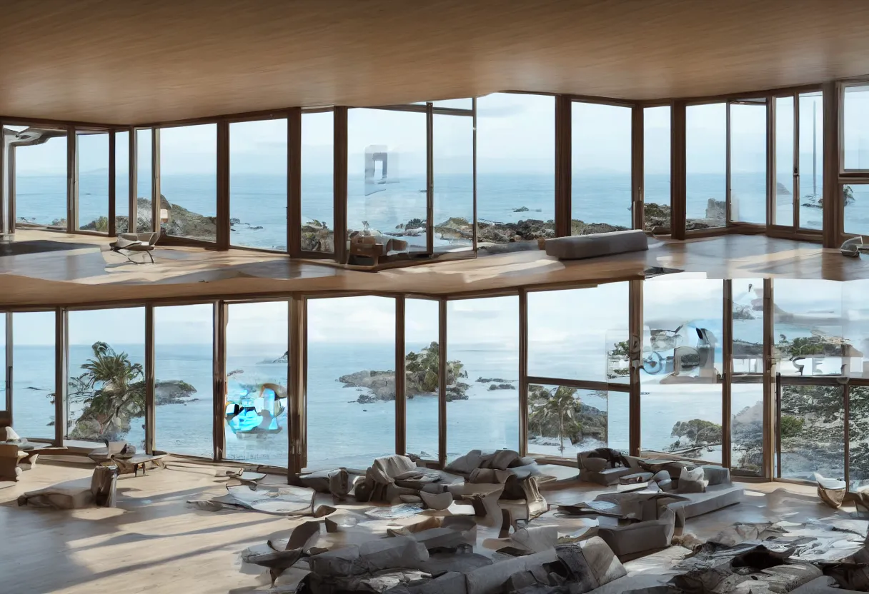 Image similar to Modern interior of a house with big windows, modern furniture at dawn, Located on a cliff view to the sea, detailed architecture coherent high detail