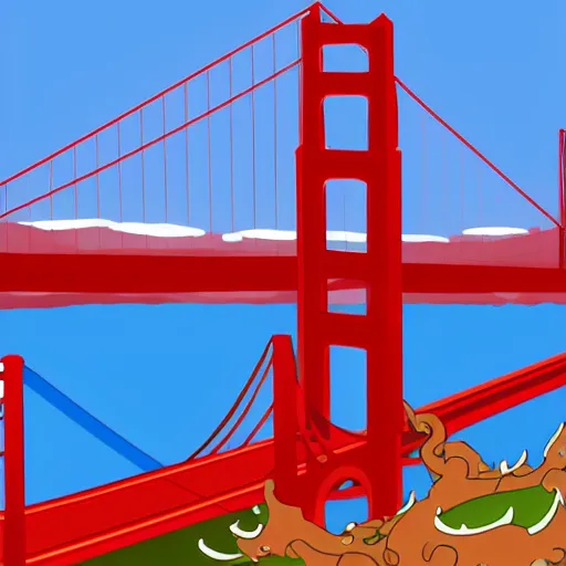 Image similar to octopus attacking golden gate bridge, sticker design vector art, 8k, trending on artstation