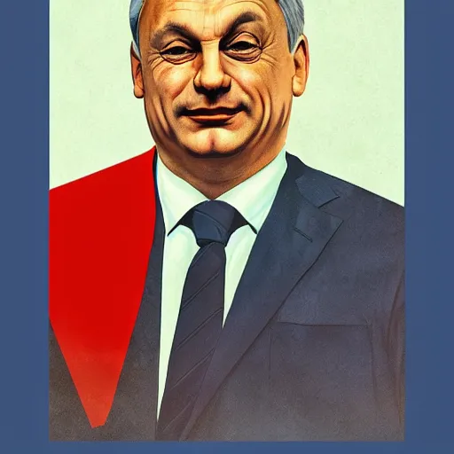 Image similar to portrait of hungarian prime minister viktor orban in uniform, hungary president election, soviet propaganda poster, hungarian flag in the background, colored, artgerm, highly detailed