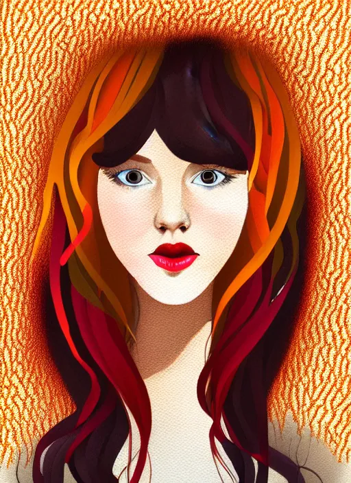 Image similar to colorful drawing of a young white woman with brown hair and scarlet lips, happy and cartoonish background, by tokenin, by glitchedpuppet, gradient orange, black, cream, brown and white color scheme, trending in artstation, award winning illustration