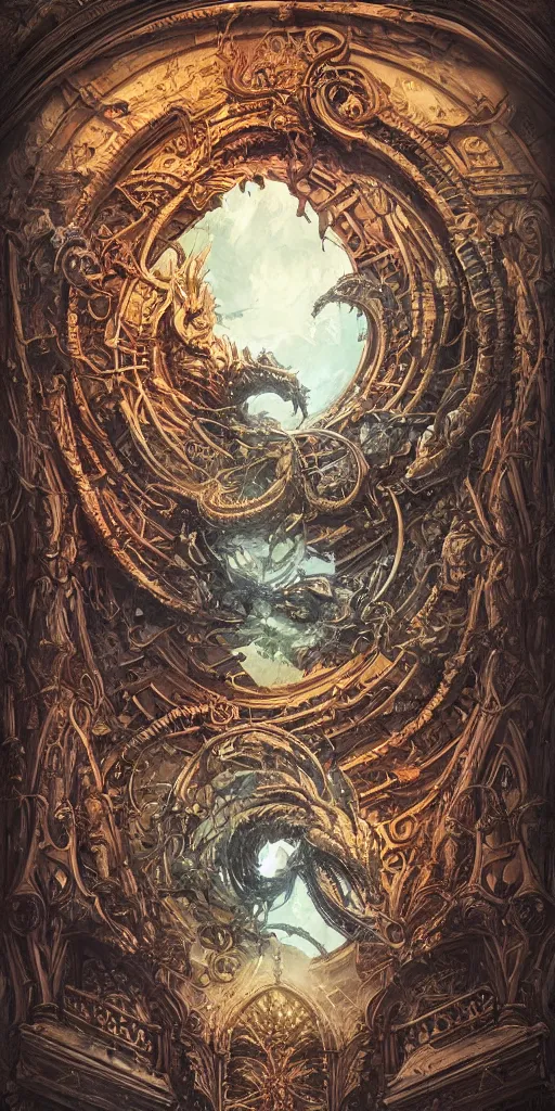 Prompt: enormous colorful Ouroboros floating around inside an ancient mage castle hall colossal scale, gothic and baroque, brutalist architecture, ultradetailed, intricate details by Ellen Jewett and Ayami Kojima