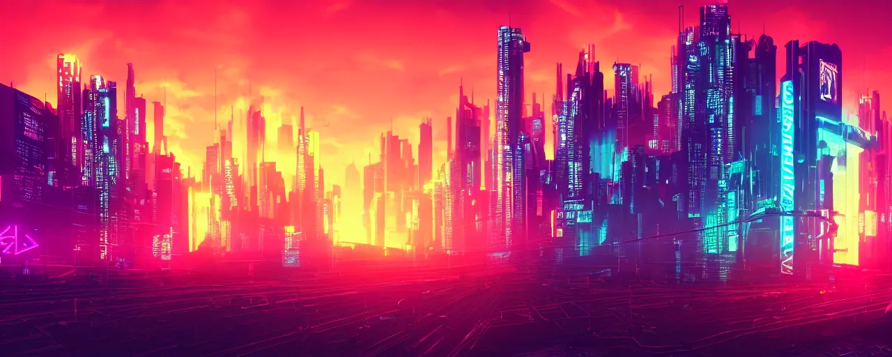 Image similar to cyberpunk, city, neon lights, glow, retrowave style, sunset,