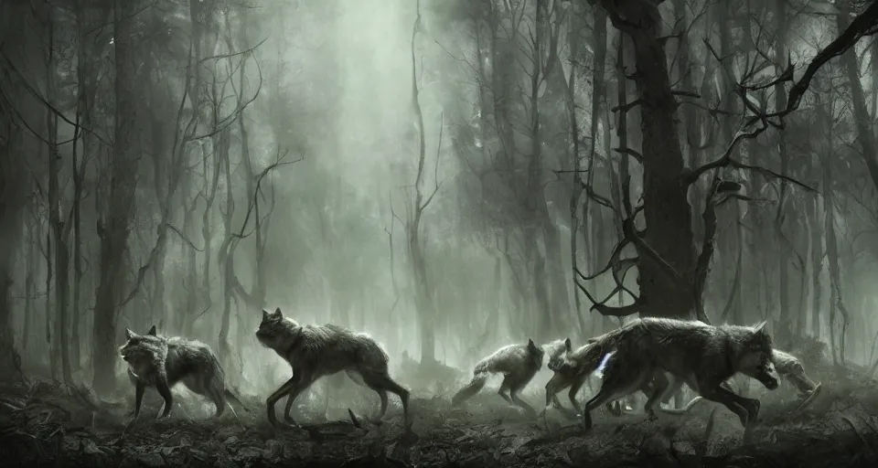 Image similar to an epic action concept masterpiece of a rabid wolfpack, in a forest made of nightmares, horrific digital art, extremely moody lighting, style of johannes voss