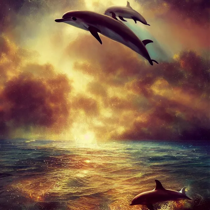 Image similar to dolphin swimming underwater, golden hour, god rays, coral reef, dreamscape by artgerm and ruan jia and ismail inceoglu and greg olsen, cosmos, milky way galaxy, masterpiece, beautiful, intricate, elegant, highly detailed, palm trees