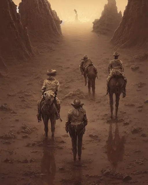 Image similar to cowboys vs lovecraftian monsters, vintage old, sepia, retrofuturism sci - fi old movie, highly detailed, photorealistic, 8 k, by beksinski and stalenhag