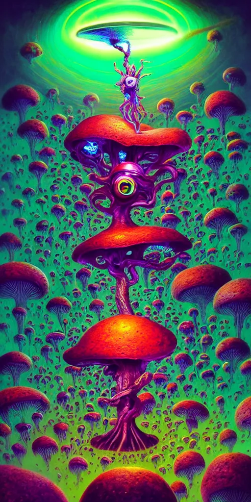 Image similar to An extremely psychedelic abstract illustration of rick griffin flying eyeball, colorful, surreal, dramatic lighting, magic mushrooms, psilocybin, LSD, detailed, intricate, elegant, highly detailed, digital painting, artstation, concept art, smooth, sharp focus, illustration, art by Krenz Cushart, greg rutkowski and zdzislaw beksinski and alphonse mucha, unreal engine 5 render, 8k