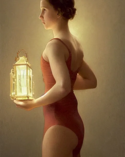 Prompt: a well - lit portrait painting of a shy, blushing 1 6 - year old alicia vikander or millie bobby brown in a leotard with lanterns at night, intricate, elegant, highly detailed, artstation, concept art, by krenz cushart and donato giancola and william adolph bouguereau and alphonse mucha