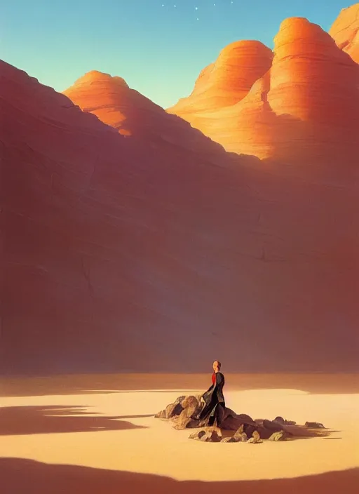 Prompt: crystal desert, extremely detailed oil painting, rhads, sargent and leyendecker, savrasov levitan polenov, bruce pennington, studio ghibli, tim hildebrandt, digital art, a landscape painting of a desert with large crystals, octane render, beautiful composition, trending on artstation, masterpiece