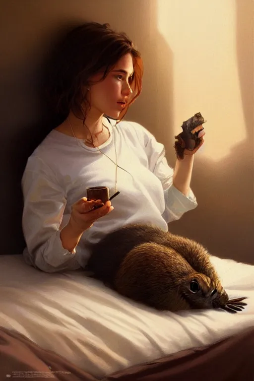 Image similar to groundhog smoking pot lies on the bed, realistic portrait, highly detailed, digital painting, artstation, concept art, smooth, sharp focus, illustration, cinematic lighting, art by artgerm and greg rutkowski and alphonse mucha