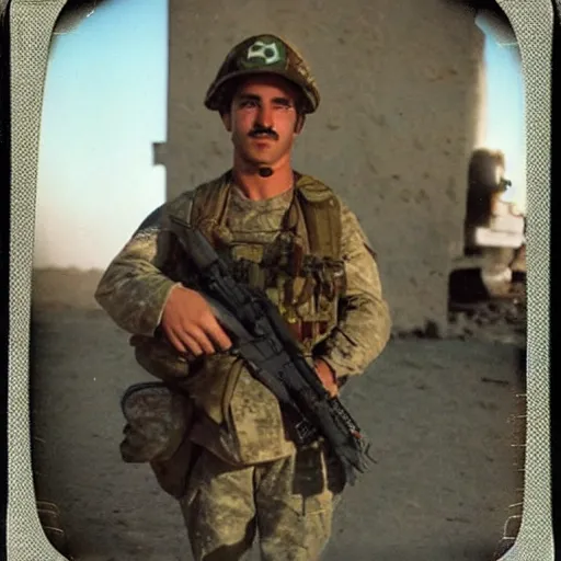 Image similar to Super Mario at Afghanistan war, old polaroid photo