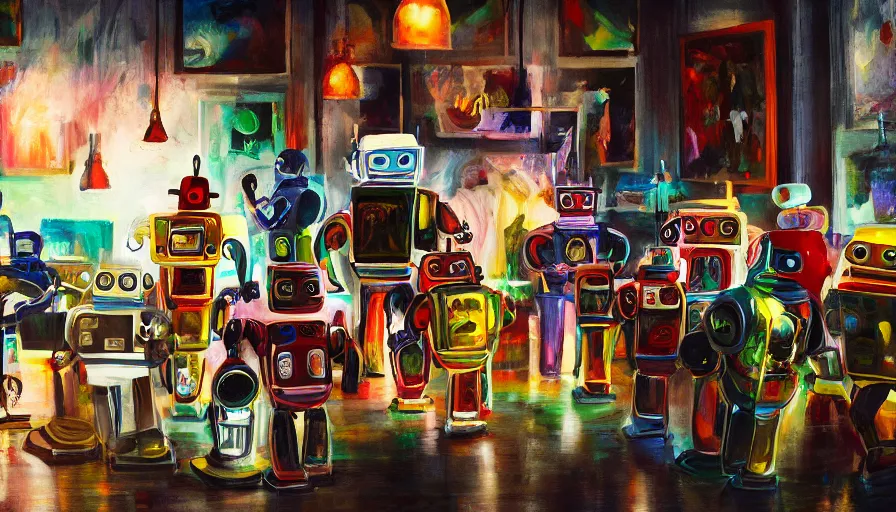 Prompt: film still of robots having a cocktail party in an art gallery while robots paint landscapes on canvases, dramatic lighting, 4 k