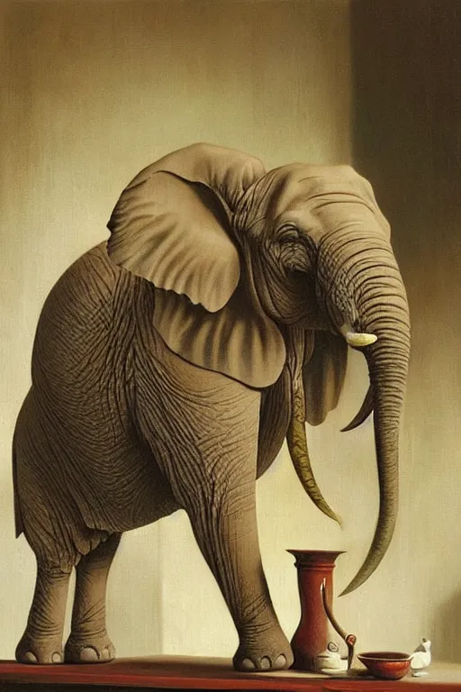 Prompt: one elephant in a porcelain shop, cgsociety, oil painting by dali