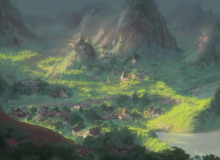 Image similar to concept art painting of a distant small woodland village by a river in a mountain valley seen from above, early morning, european japanese buildings, cel shaded, realistic, by makoto shinkai and moebius and anton fadeev and greg rutkowski and james gurney