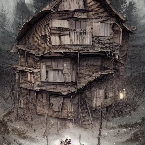 Image similar to two husbands leave each other inside broken wooden house, detailed intricate ink illustration, dark atmosphere, detailed illustration, hd, 4k, digital art, overdetailed art, concept art, by greg rutkowski, by loish, complementing colors, Trending on artstation, deviantart