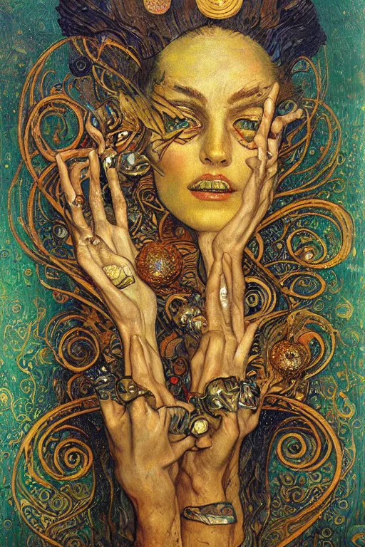 Image similar to Visions of Hell by Karol Bak, Jean Deville, Gustav Klimt, and Vincent Van Gogh, visionary, otherworldly, fractal structures, ornate gilded medieval icon, third eye, spirals