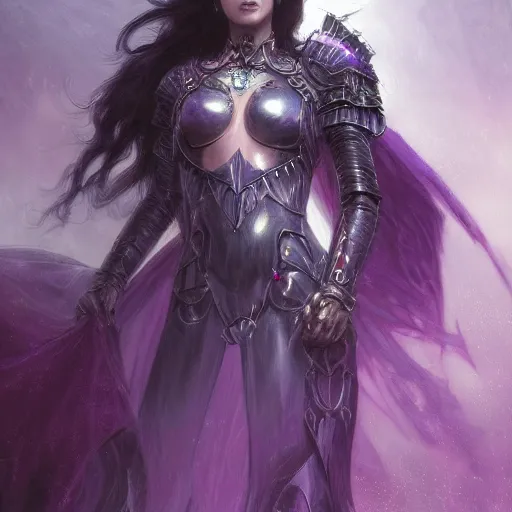 Image similar to masterpiece digital painting of a beautiful woman knight portrait, centered, heavy black obsidian armor, chaotic ruby inlays, large cape, by kev walker and greg rutkowski and mucha and luis royo, atmospheric fog effects background, purple sparkles, artstation, deviantart, closer view, cinematic lights