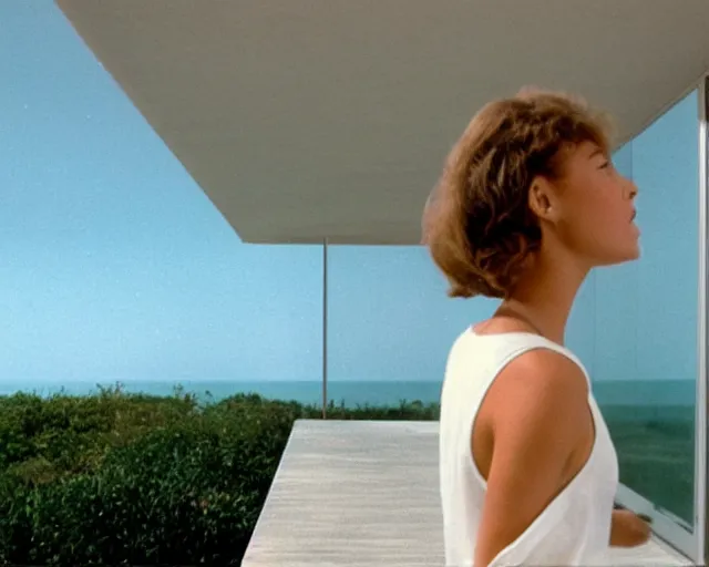 Image similar to a still of a young woman looking out from a huge concrete white deck of a minimalist beach house, outside view, low angle, clear sky and background, in the music video Wrapped Around your Finger (1983)